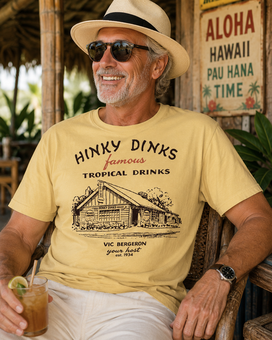 Hinky Dink’s Tropical Drinks Tee – Vintage Tiki Origin Shirt | Retro Tiki Bar Graphic