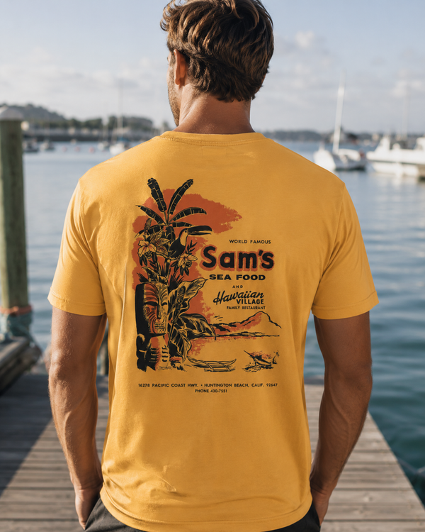 Sam’s Seafood & Hawaiian Village – BACK - Huntington Beach, 1960 – Vintage Tiki Tee