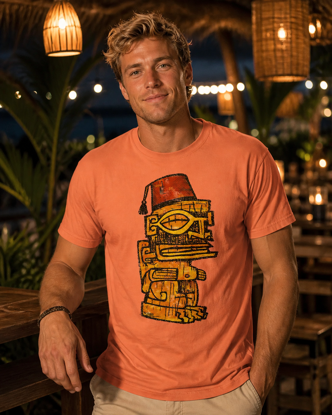 Fez Tiki Vintage Tee – Midcentury Tropical Graphic Shirt, Distressed Retro Island Design, Classic Tiki Bar Style