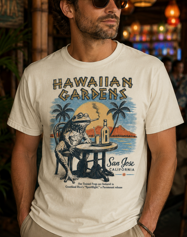Hawaiian Gardens - San Jose Trained Frogs - Vintage Tiki Tee
