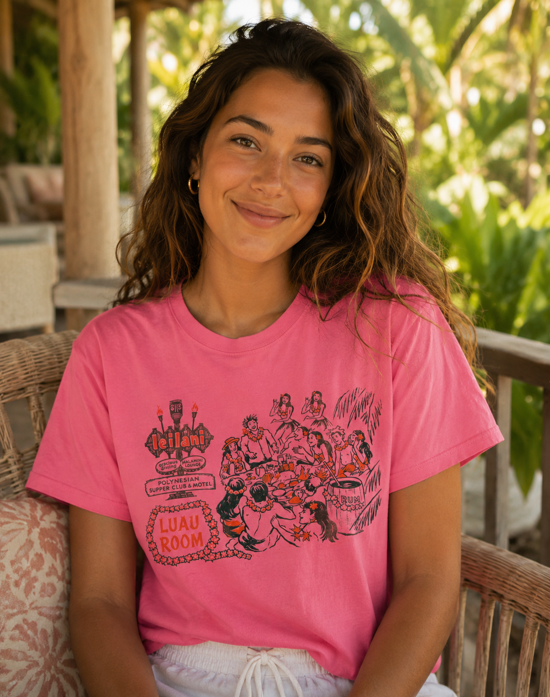 Leilani Luau Room Tee – Vintage Polynesian Supper Club & Motel Matchbook Art – Retro Tiki Bar Shirt