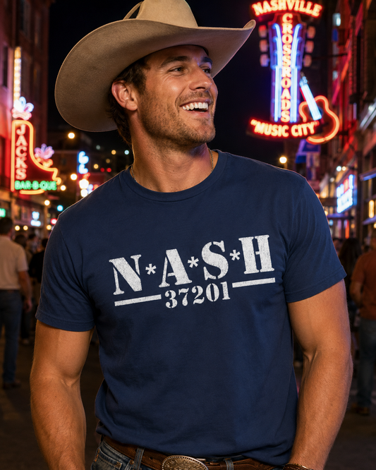 NASH 37201 – WHITE TEXT -The Zip Code Is the Party – Vintage Nashville Tee