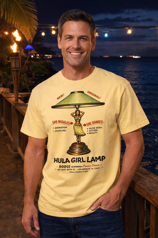 Vintage Hula Girl Lamp T-Shirt, Mid Century Tiki Novelty Shirt, Retro Hawaiiana Bar Tee, Cocktail Lounge Kitsch Gift